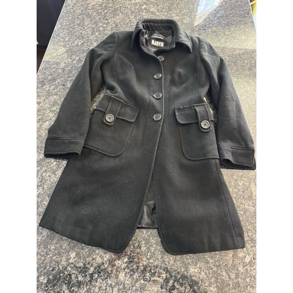 Marvin Richards Womens Black Wool Blend Button Front Trench Coat Jacket XS
